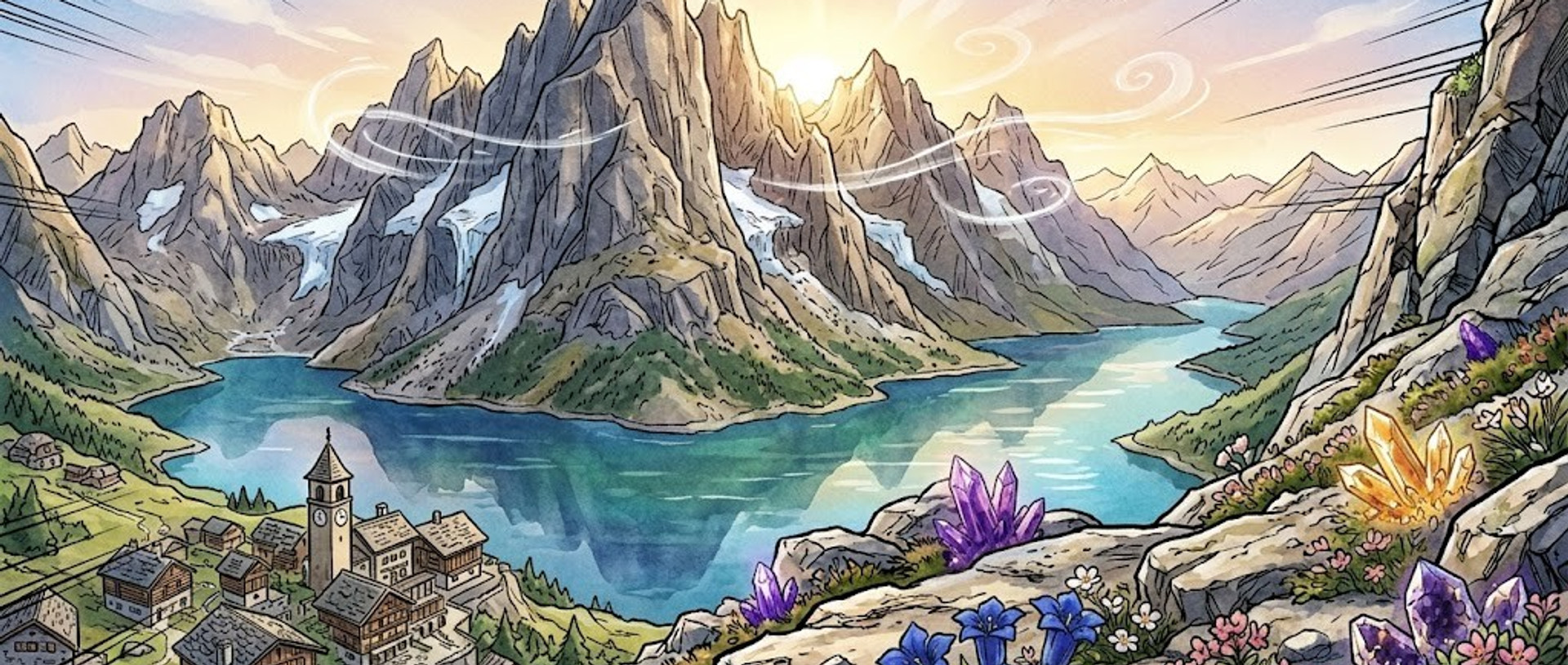 Vue illustrée du Massif du Mont-Blanc avec lac alpin et cristaux
